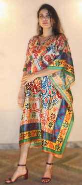 Yellow and orange checkered print silk blend kaftan